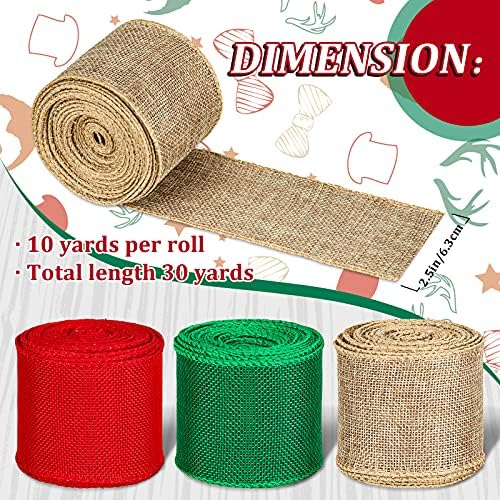 Whaline 30 Yard Christmas Wired Edge Ribbon 3 Colors Burlap Wrapping Ribbon 2.5 Inch Red Green Natural Craft Ribbon Rustic Decorative Ribbon for Gift Wrapping Wreath Floral Arrangement Bow