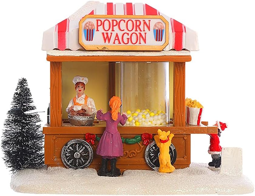 Christmas LED Lighted House Resin Popcorn Wagon Musical Animated Village Decor