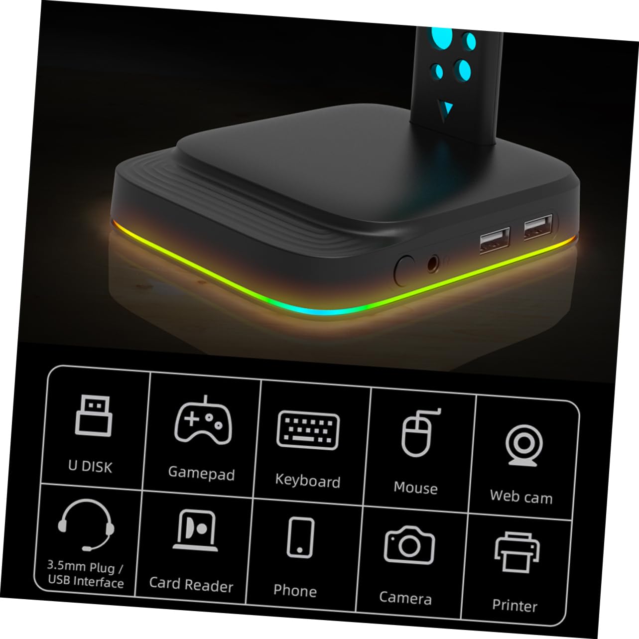 BESTonZON Soporte para Auriculares RGB con Iluminación Ajustable y Doble Puerto USB Soporte De Sobremesa Multifuncional para Cascos Pc con Conector Aux Accesorios Gaming para Escritorio