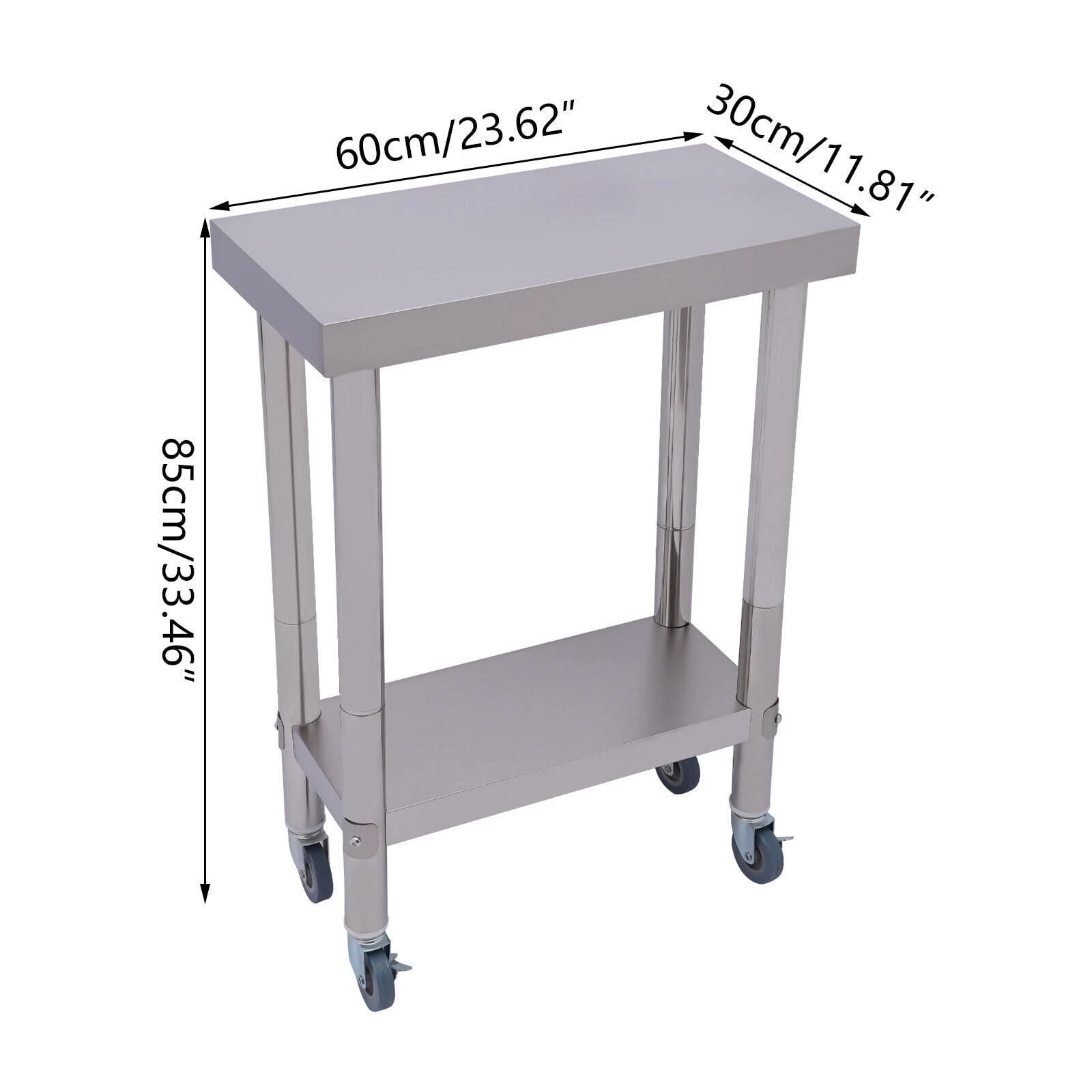 Mesa de trabajo de acero inoxidable, 2 capas, con ruedas, soporta hasta 300 kg | 60 x 30 x 85 cm, 2 niveles, tubo redondo engrosado, 2 ruedas con freno. Fácil de limpiar, dos estantes, uso estable