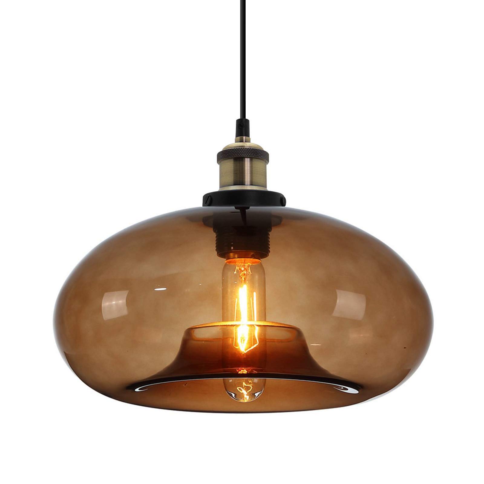 ZTTECH 28cm Brown Glass Pendant Light Industrial Vintage Hanging Light for Kitchen Island Bedroom Dining Room Adjustable Height E27 Bulb Compatible (Brown)