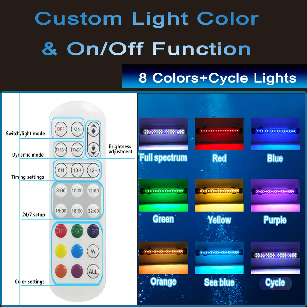 Luci subacquee per acquario, luce subacquea 24/7 cicli con timer, luminosità regolabile, 8 colori, luce LED a spettro completo subacquea per decorazione