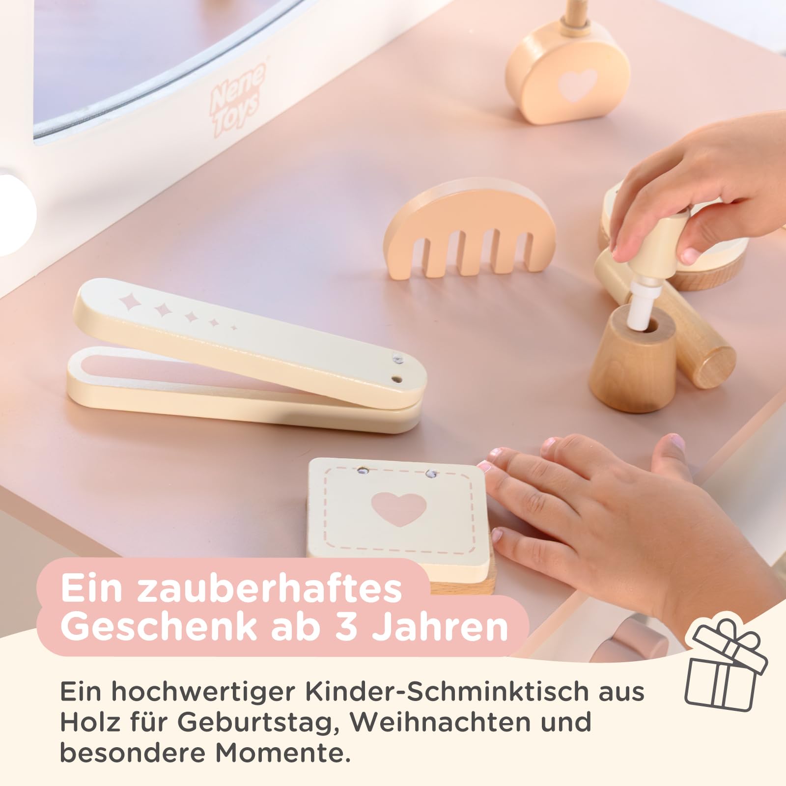Nene Toys Schminktisch Kinder mit Hocker & beleuchtetem Spiegel, Kinder-Schminktisch aus Holz, 3 Lichtmodi, Mädchen Frisiertisch mit Schublade, Zubehör, Geschenk ab 3 Jahren