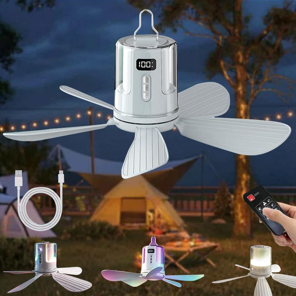 Ventilatore da soffitto con illuminazione da campeggio, ricaricabile, con luce e telecomando, USB, timer, ventilatore portatile, batteria per esterni, gazebo, terrazza