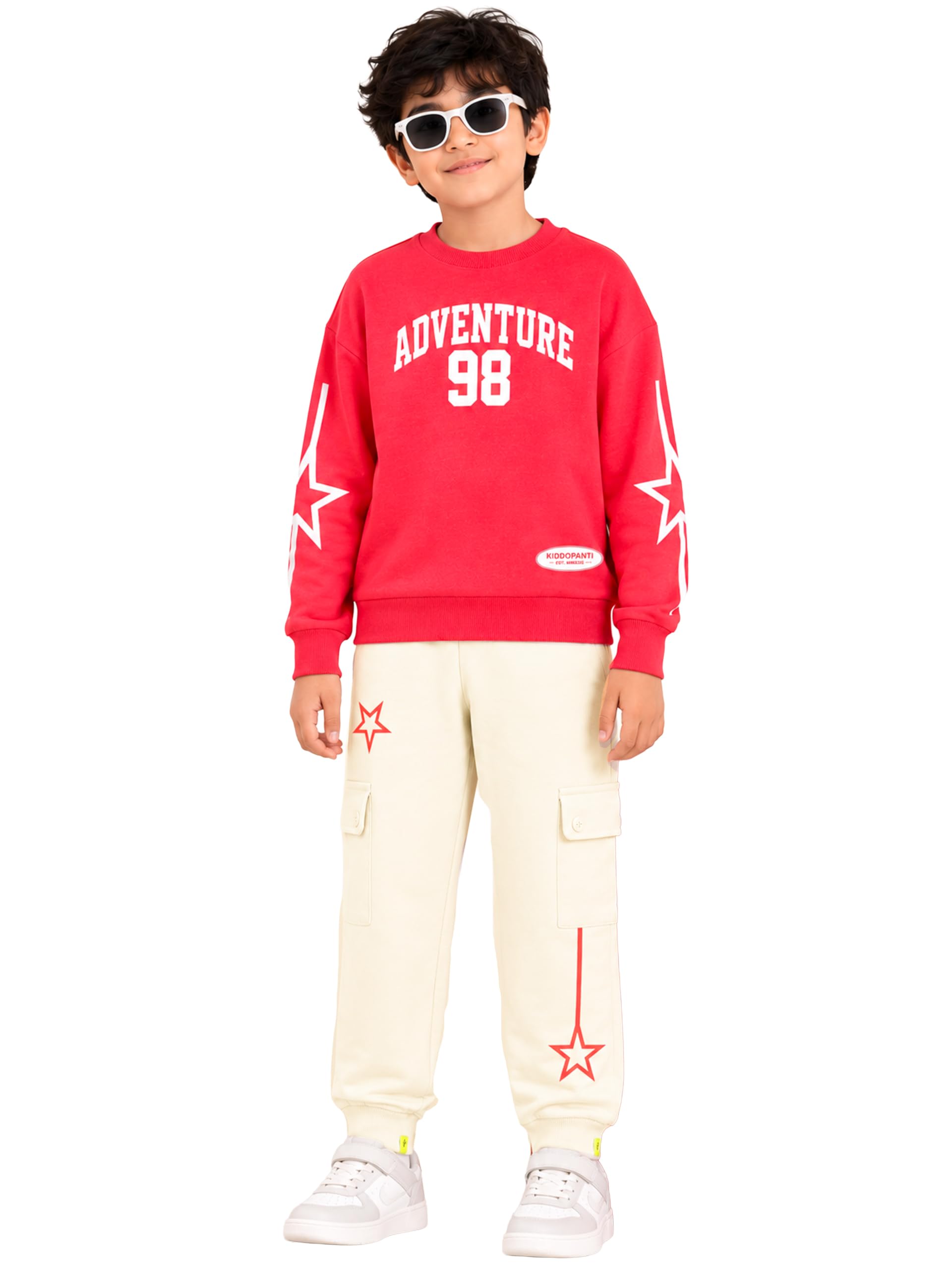 KiddoPanti Boys Adventure 98 Sweatshirt with Star Print Fleece Cargo Joggers Co-ord Set, Coral Pink Adventure 98/ Off White Red Star-12-14Y-picture-10