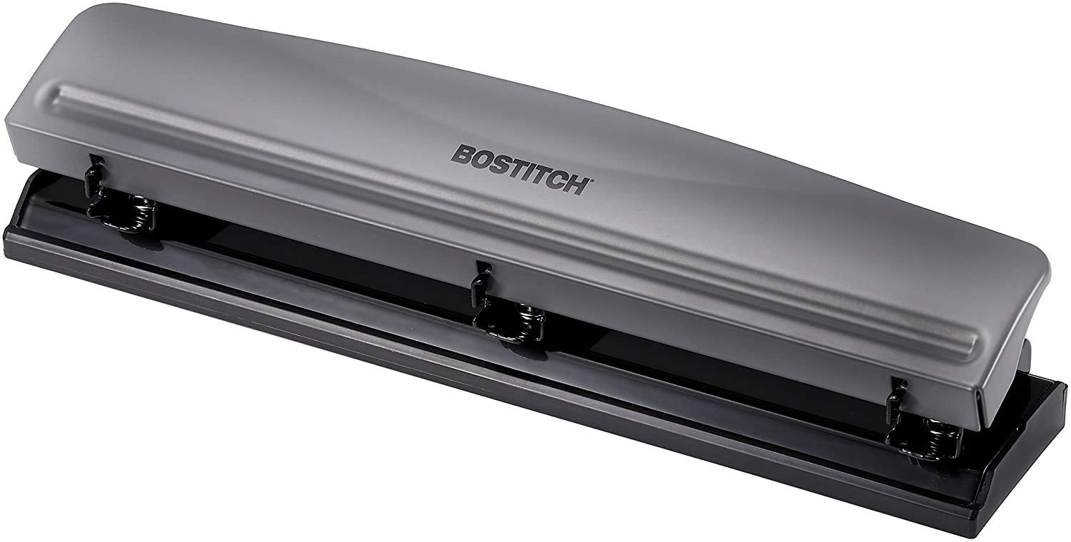 Bostitch 3 Hole Punch, 12 Sheets, Gray (KT-HP12-GRAY)