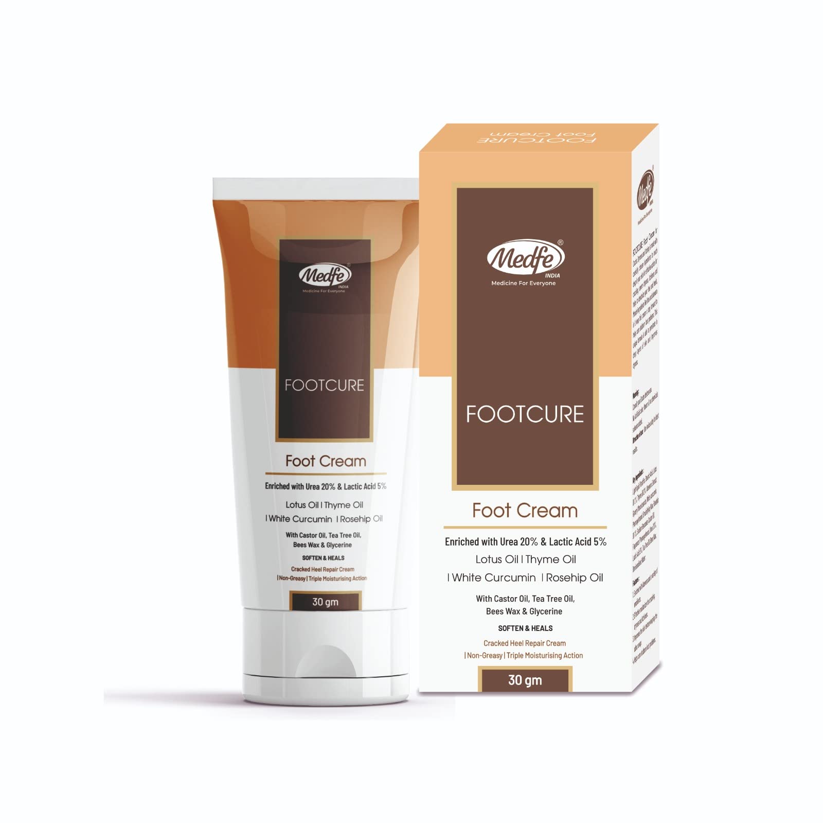 MEDFE Footcure Foot Cream For Rough, Dry and Cracked Heel, Feet Cream For Heel Repair With Urea 20% & Latic acid 5%, Lotus oil | Thyme Oil | Rosehip Oil | Tea Tree Oil - 30 Gram