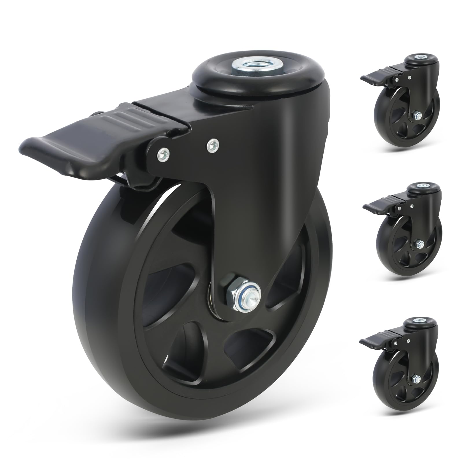 Rotelle per Mobili con Freno, Ruote Girevoli da 125mm con Foro Posteriore M12, Ruote per Il Trasporto, Ruote per Carrello Rotazione di 360 Gradi, Set da 4 Ruote per Mobili Portata 650 Kg