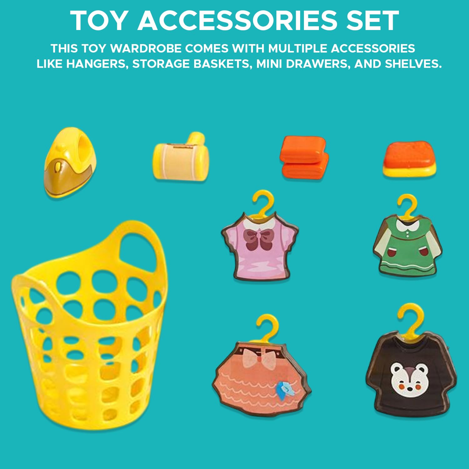 NHR Kids Toy Wardrobe and Laundry Pretend Playset – Mini Closet Storage Organizer, Iron, Hangers, Laundry Basket & Accessories – Pretend Play Dollhouse Furniture Gift for Kids Aged 3+ 4