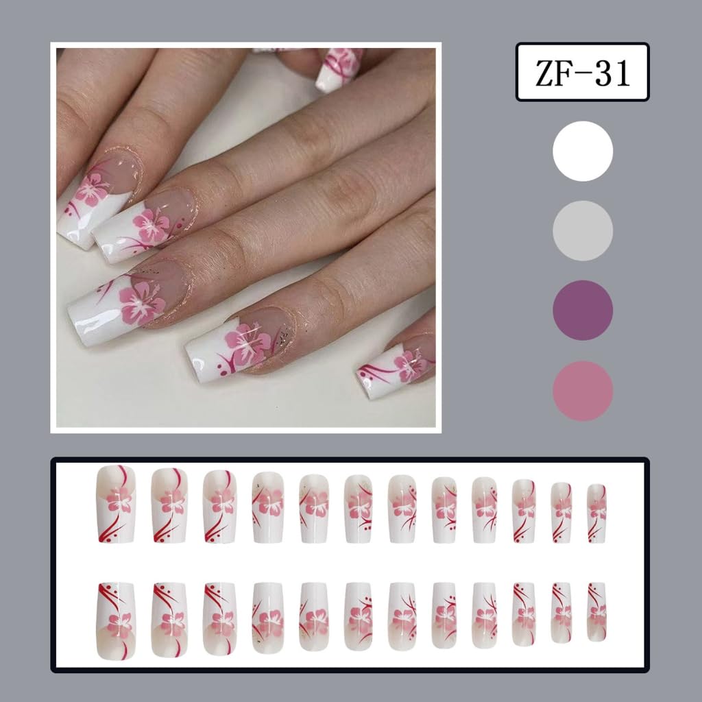 Coffin Glossy Fake Nails Stick on Nails in 12 Sizes,24Pcs French Nails Tips for Nails Art Decorations