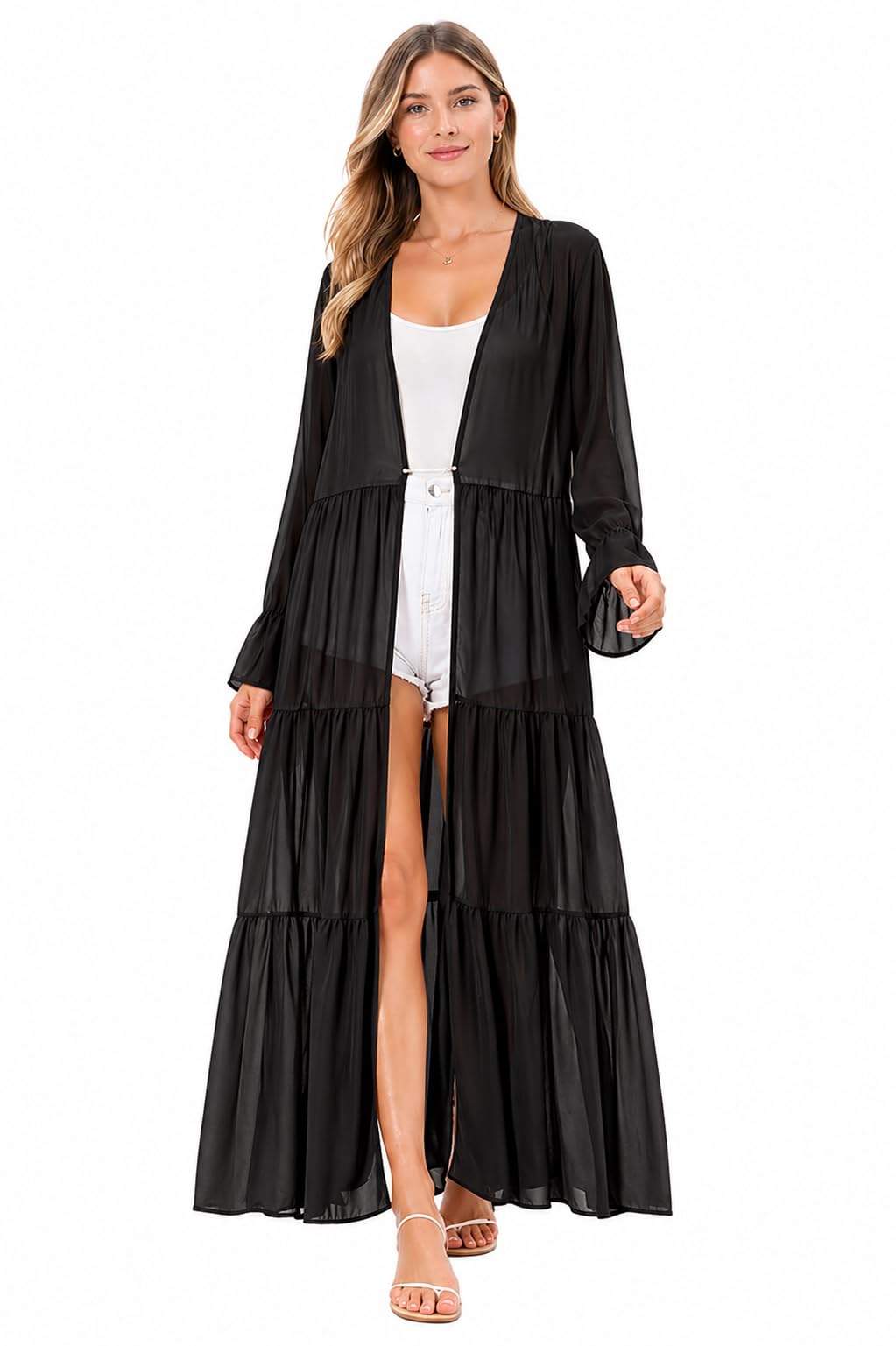 Women's Sheer Faux Georgette Maxi Kimono Shrug, Long Tiered Gathered Style, Bell Sleeves, 127 cm Length, M/L/XL-image-7