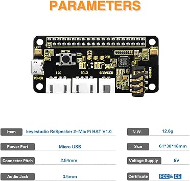 KEYESTUDIO ReSpeaker 2-Mic Pi HAT V1.0 for Raspberry Pi 4/4B, Raspberry Pi 3 3B+/2 2B