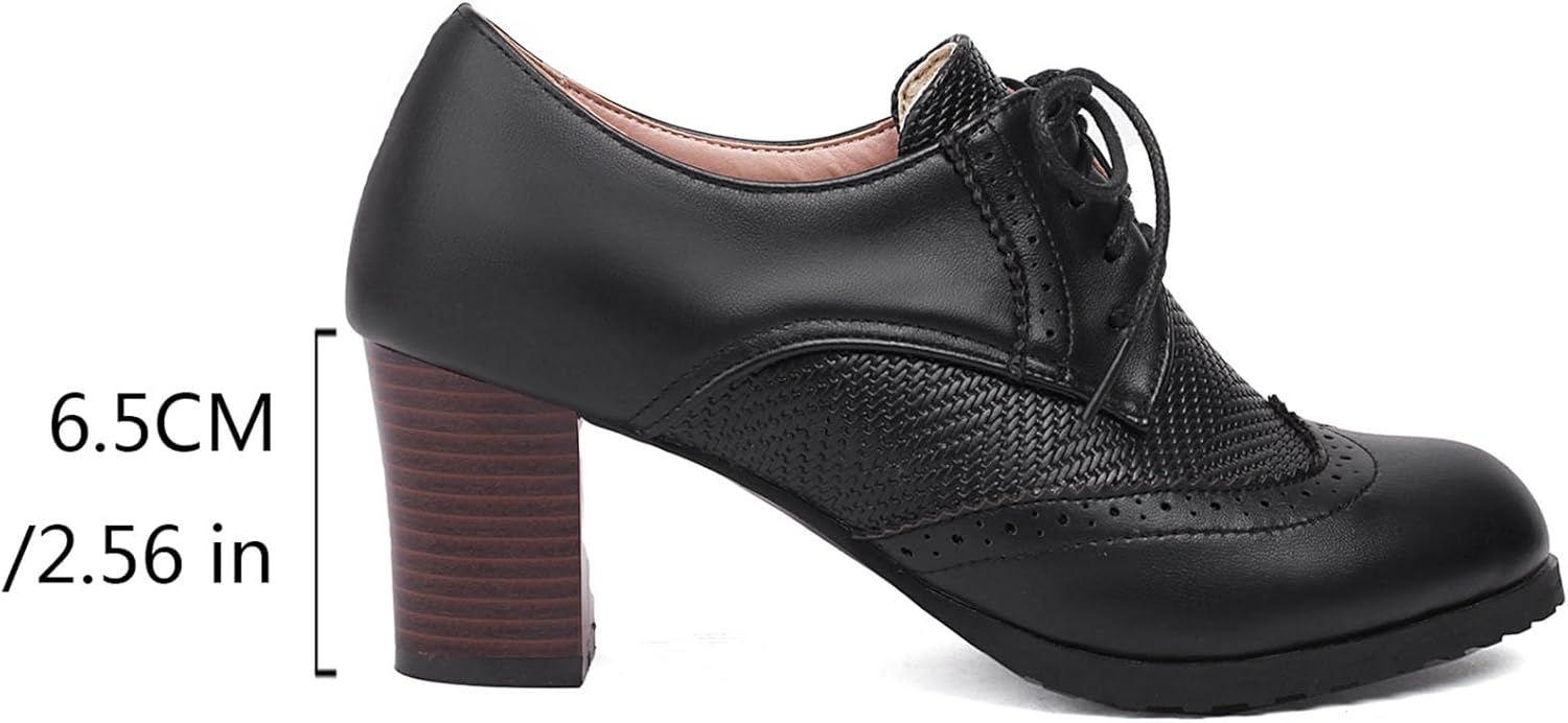 SHEMEE Women's Chunky High Heels Wingtip Oxfords Round Toe Lace Up Stacked Block Heel Vintage Brogues Pumps Shoes Black 02,US 8.5 - Image 3