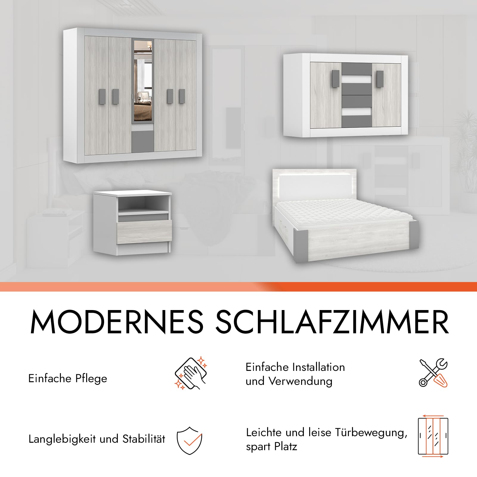 Fabryka Mebli Idźczak Schlafzimmer-Set Komplett - Helios III 230 Bettgestell - Kleiderschrank mit Spiegel, Kommode, Nachttisch - Innovativ, Stilvoll, Modern - Weiß/Kathult+Grau