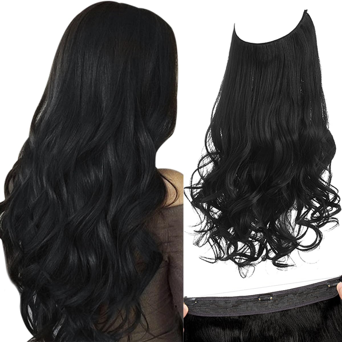 Invisible Wire Hair Extensions with 3 Clips Short 14 Inch Synthetic Wavy Curly Hairpiece for Women Adjustable Transparent Headband Jet Black