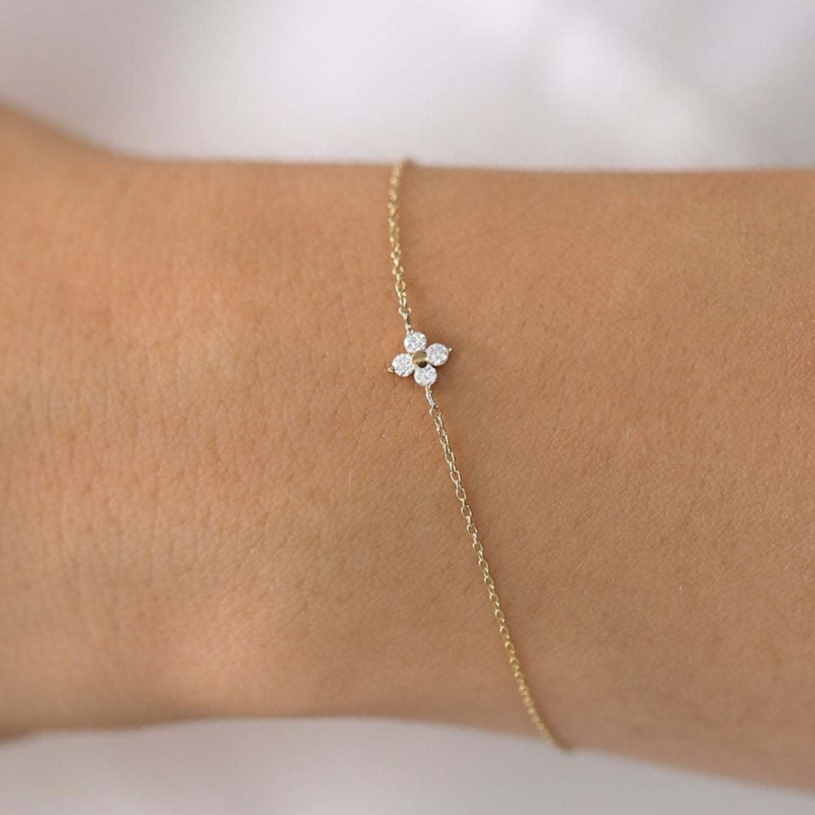 Pulsera Oro Mujer 9 K / 14 K / 18 K, Flor con Diamante, Cadena Extensible 16 CM + 5 CM, Pulsera de Oro para Mujer Ajustable