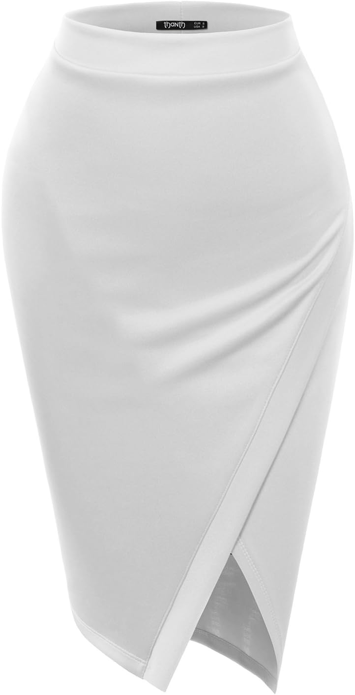 TWINTH Elastic Stretchy Office Pencil Skirt with Basic Color White X-Large