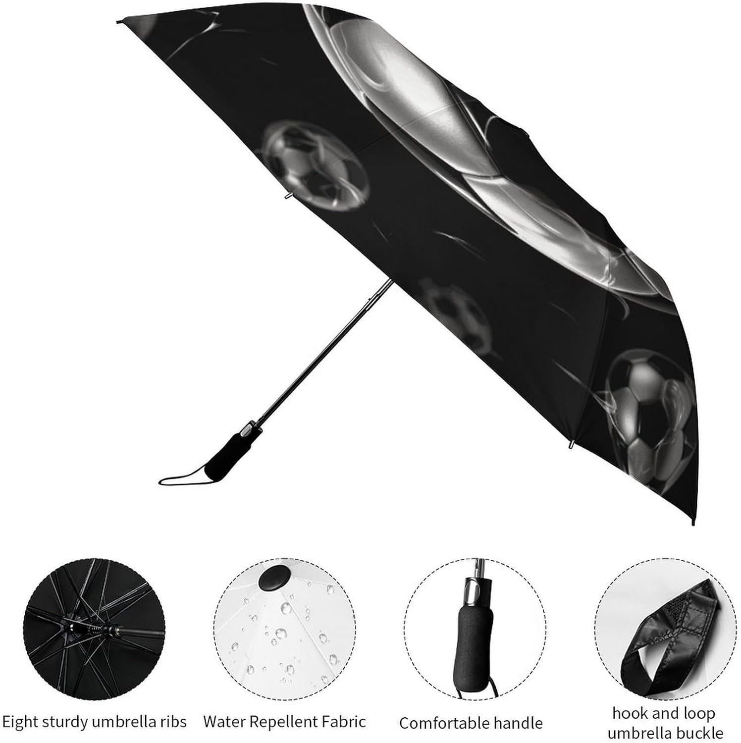 Soccer Black Umbrella Extra Large Folding, Travel Umbrella Windproof, Compact, Golf Umbrella With Unique Patterns, Fashionable And Beautiful for Men And Women.