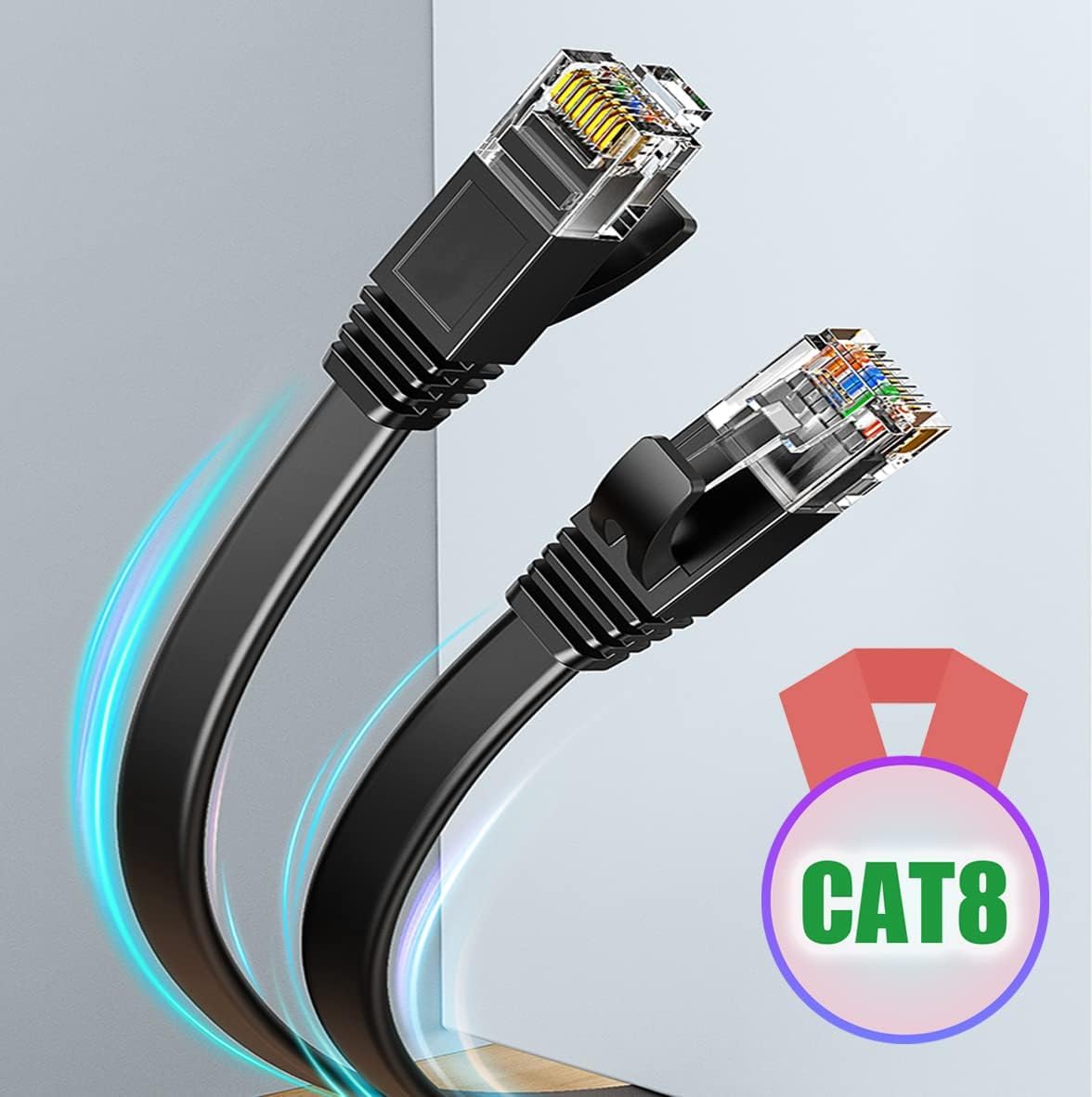 Elfcam® - 15m Cat8 Ethernet Cable High-Speed Flat Black Gigabit RJ45 LAN Patch Cord with 30AWG 40Gbps 2000Mhz/s FTP POE Compatible with Router, Smart TV, PC & Laptop PS5 PS4 Switch Modem (15M)