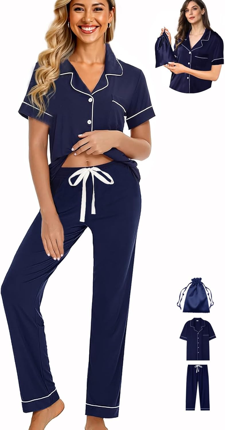 Womens 3Pcs Pajamas Set Soft Pajama Sets Button Down Pjs Set Knit Sleepwear Lounge Sets with Long Pants XS-XXL - Image 2