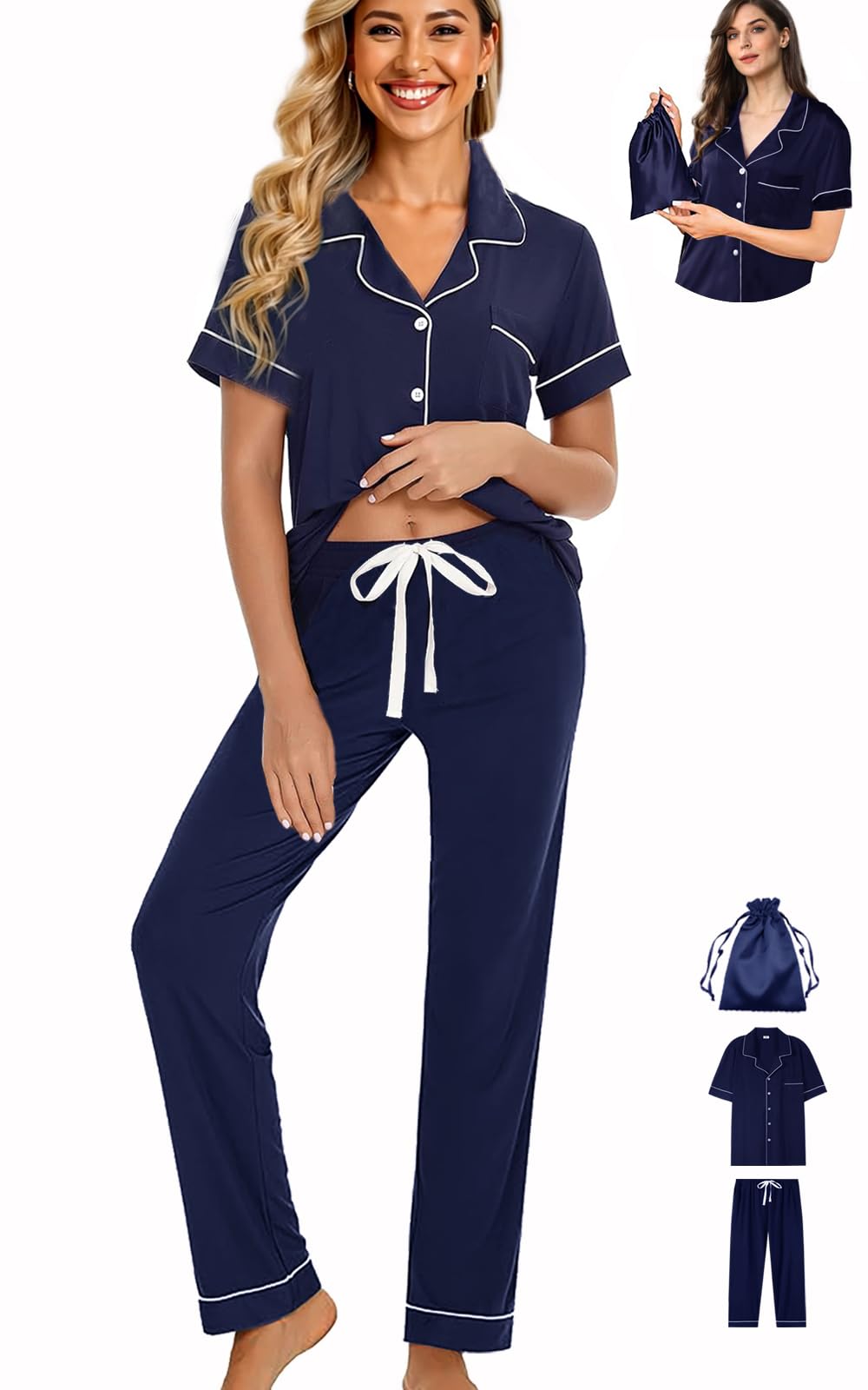 WJing Yi Jia Womens 3Pcs Pajamas Set Soft Pajama Sets Button Down Pjs Set Knit Sleepwear Lounge Sets with Long Pants XS-XXL