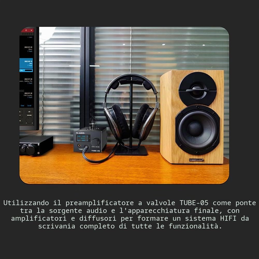 KGUSS FX-AUDIO- TUBE-05 HiFi Vacuum 12AU7 Tube Amplificatore per cuffie Bass Treble EQ Preamp, per cuffie 30-600Ω, con telecomando