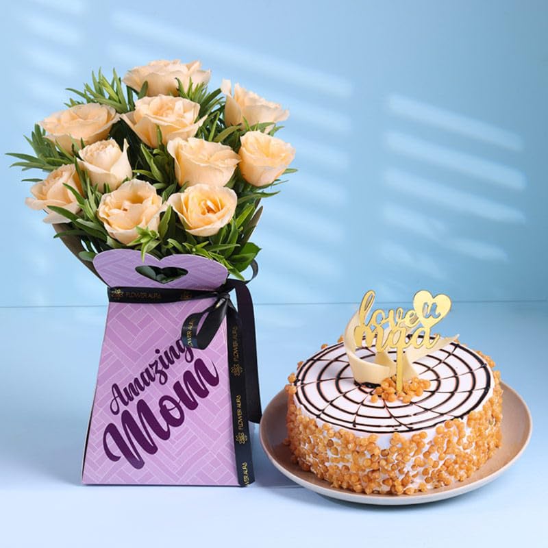 FlowerAura Premium Combo of Fresh Live 12 Peach Rose Flower Bouquet Box With 500g Butterscotch Cake For Mother's Day Surprise & Birthday Gift For Mom | Mother | Maa | Mother-In-Law(Same Day Delivery)-image-41