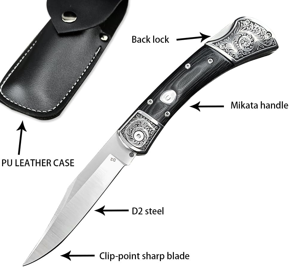 Goshawk Assisted Opening EDC Pocket Knife for Men, D2 Stainless Steel Blade, Lock-back Tactical Knife with Mikata Handle, Button Folding Knife for Camping