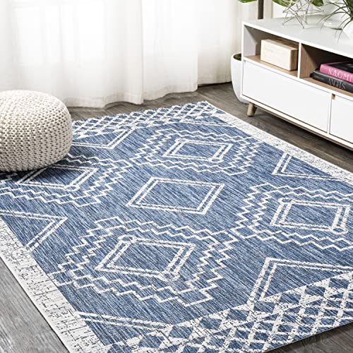 Image of JONATHAN Y Diamond Tribal Medallion Indoor Outdoor Area Rug 5X8 Blue /Ivory, Marokko for Backyard, Patio, Porch, Easy-Cleaning, High Traffic, Pet-Friendly, Non-Shedding (SMB127D-5)