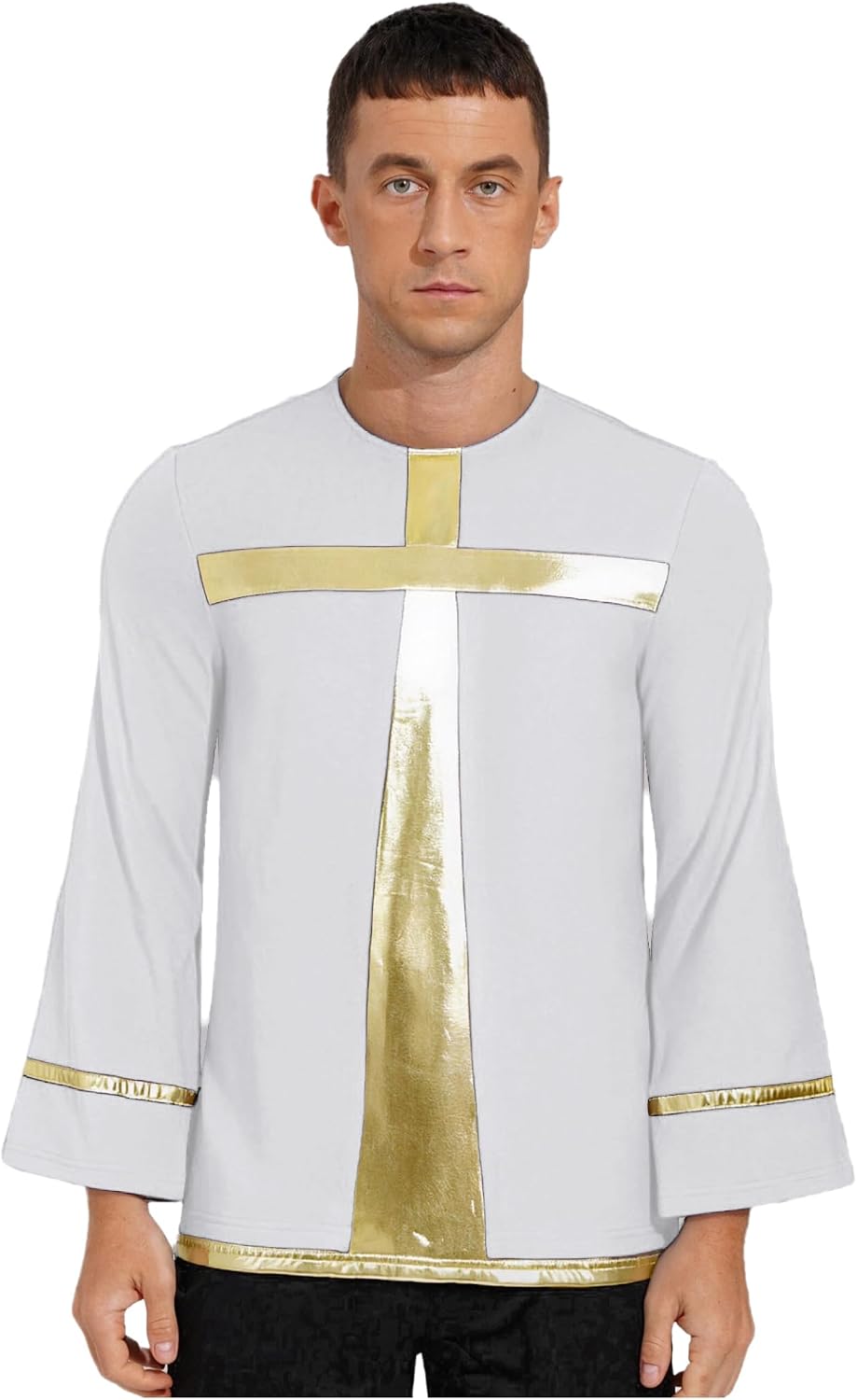 Men's Metallic Shiny Cross Praise Dance Pullover Top Round Neck Long Sleeve Liturgical Dance Tunic