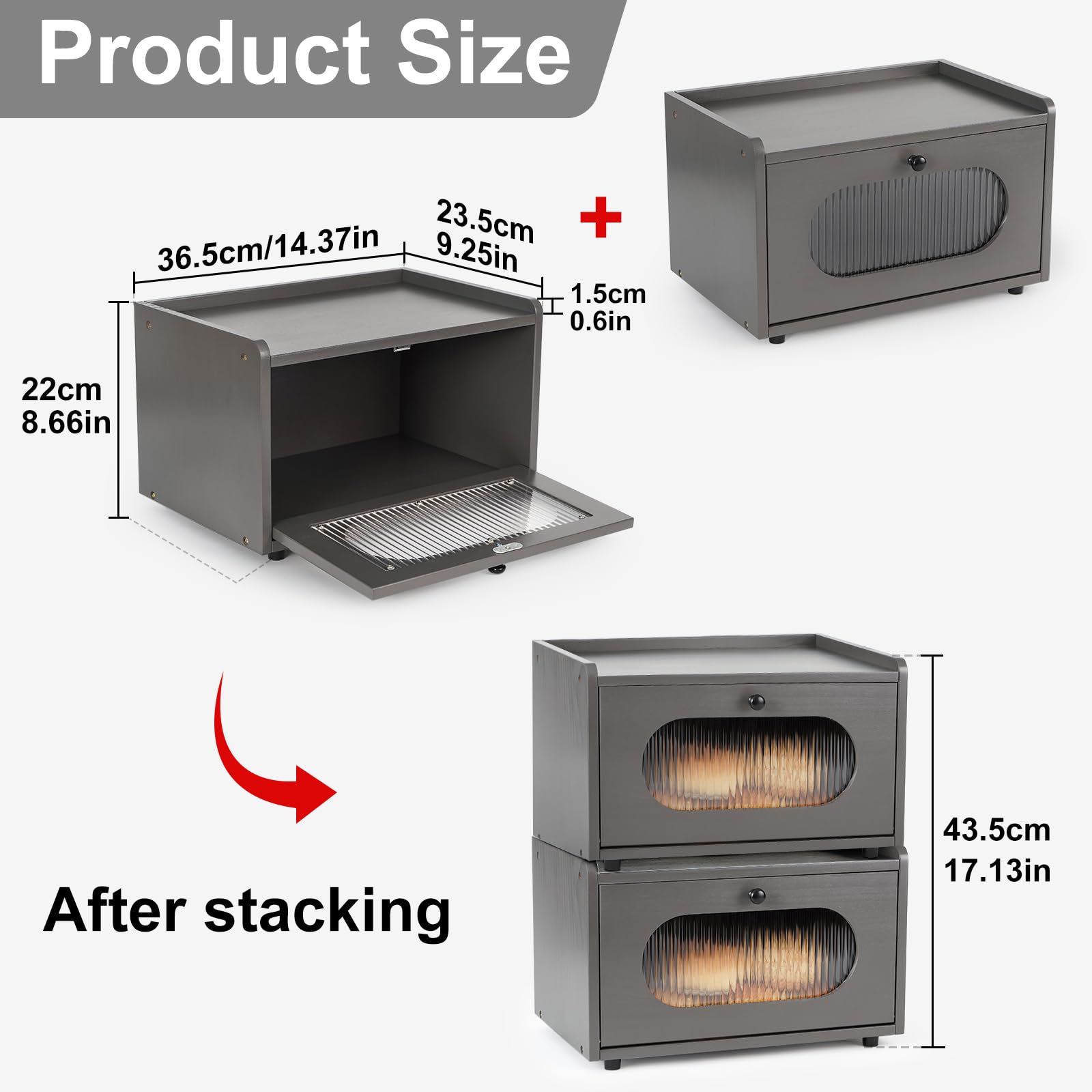 Caja de pan para almacenamiento de encimera de cocina, contenedor de madera para pan, contenedor rústico para pan fresco, contenedor organizador apilable para estantes de alimentos caseros, 3