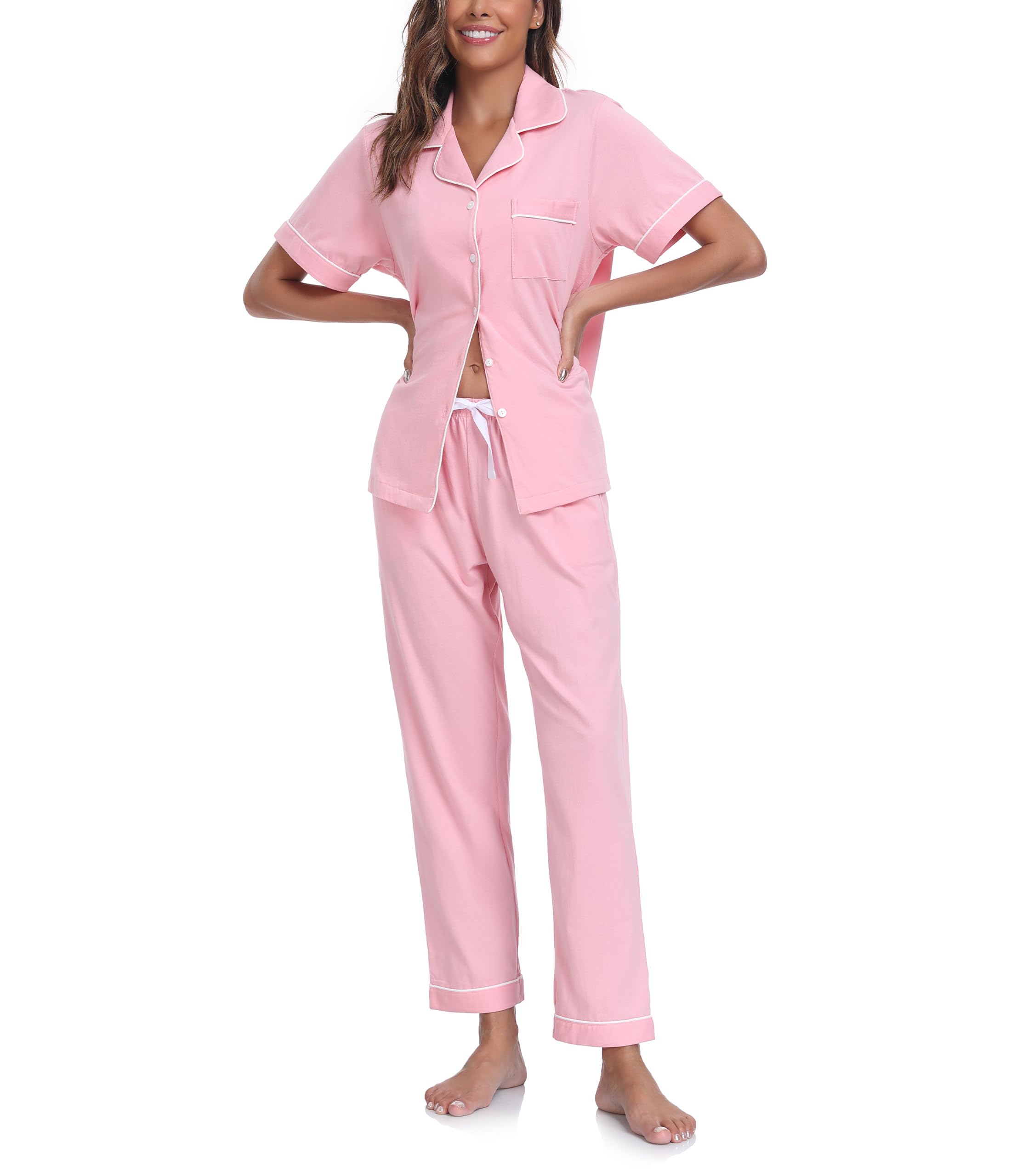 Pijama de algodón 100 % para mujer, camisa de manga corta y pantalones largos, conjunto de pijama de verano cómodo para mujer