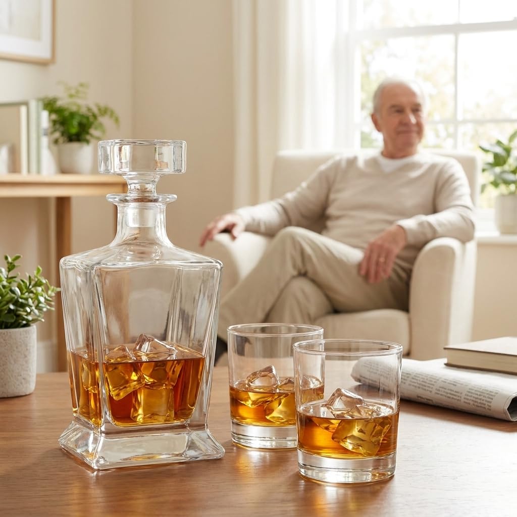 Glasmark Krosno 1992 Caraffa con Bicchieri 3 pezzi per Whisky e Distillati - Caraffa in Vetro 850 ml e 2 Bicchieri 300 ml - in Scatola Regalo Nera - Forma Moderna e Pulita