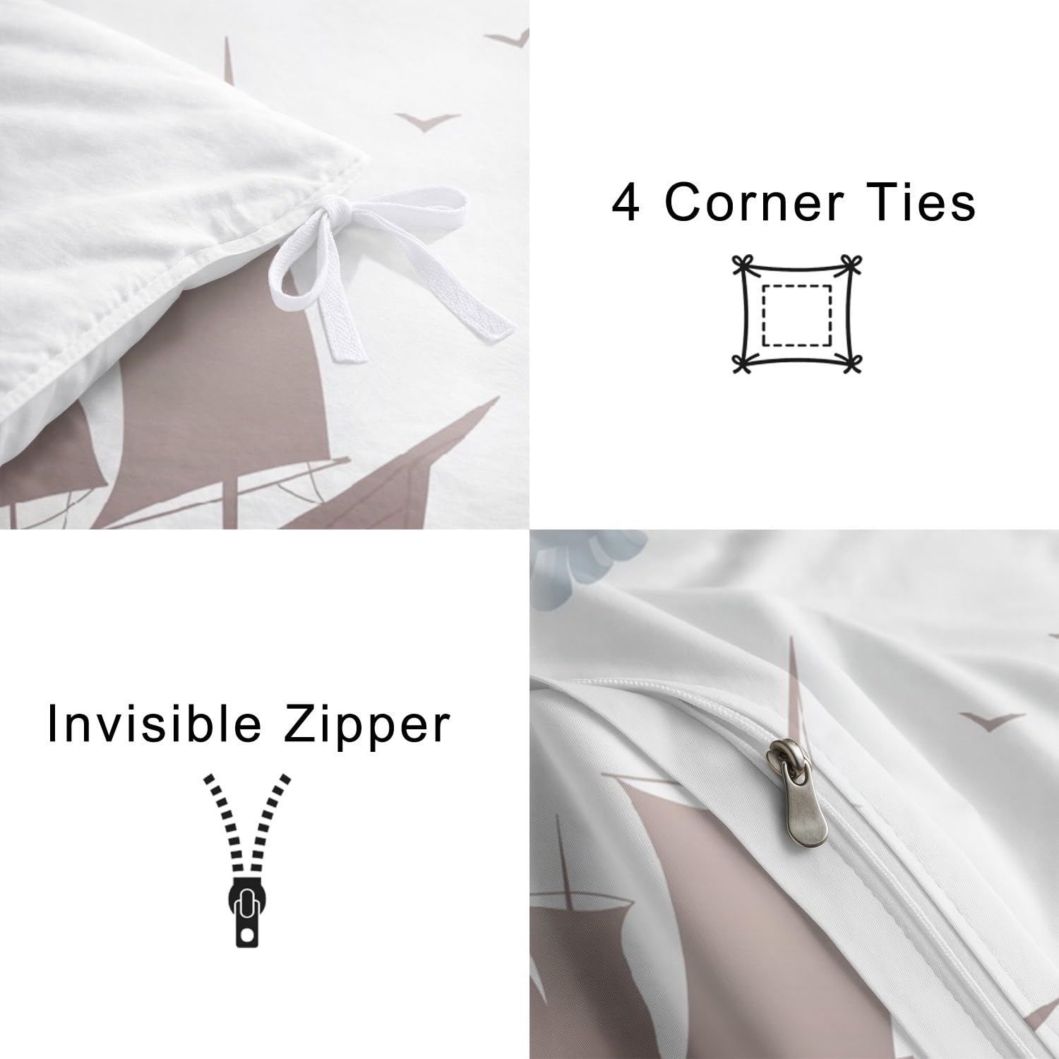 Genérico Funda Nordica Cama 135-200 x 200 cm, Suave Microfibra Juego de Funda Edredon, Grácil Velero Gaviota Luna para Niños, Blanco, Minimalista, Reversible, Agradable para la Piel