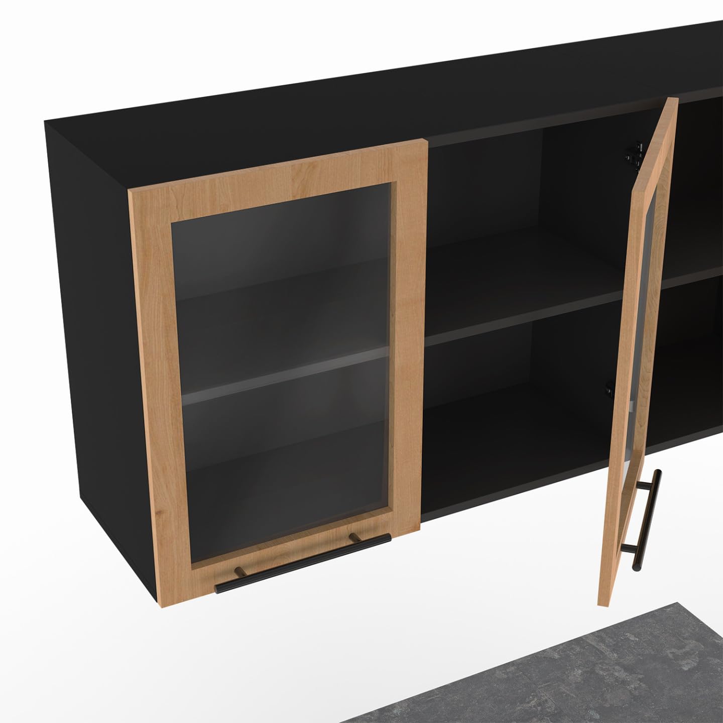IDMarket - Cuisine complète 240 cm Subtil avec vitrine + Plan de Travail 7 éléments Noir et façon hêtre