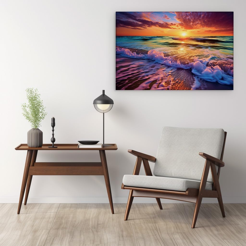 Canvas for Living room. Sunset Serenity on the Shores � A Vivid Tapestry of Sky and Sea at Dusk, 27 x 18 inch Canvas Wall Art - Beach Sunsets And Sunrises - Modern Home Decor