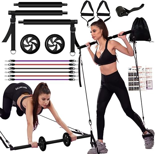 HOTSWEAT Kit de barra de pilates con bandas de resistencia. Rodillo de abdominales para entrenamiento de abdominales. Equipo de fitness portátil en