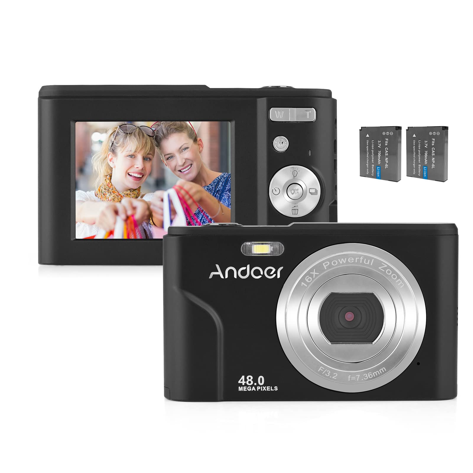 Andoer Portable Digital Camera 48MP 1080P 2.4-inch IPS Screen 16X Zoom Auto Focus Self-Timer 128GB Extended Memory Face Detection Anti-Shaking with 2pcs Batteries Hand Strap Carry Pouch-image-3