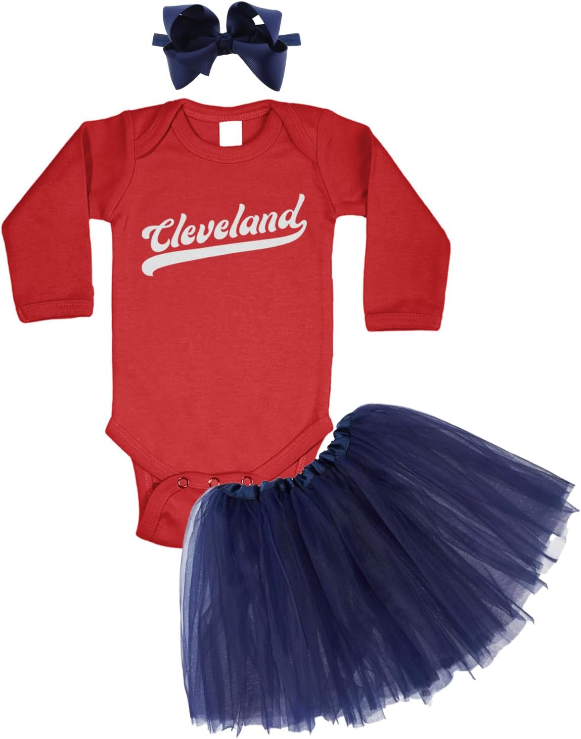 Haase Unlimited Cleveland - Baseball Jersey Style Script Baby Bodysuit + Tutu Skirt + Bow Headband Set