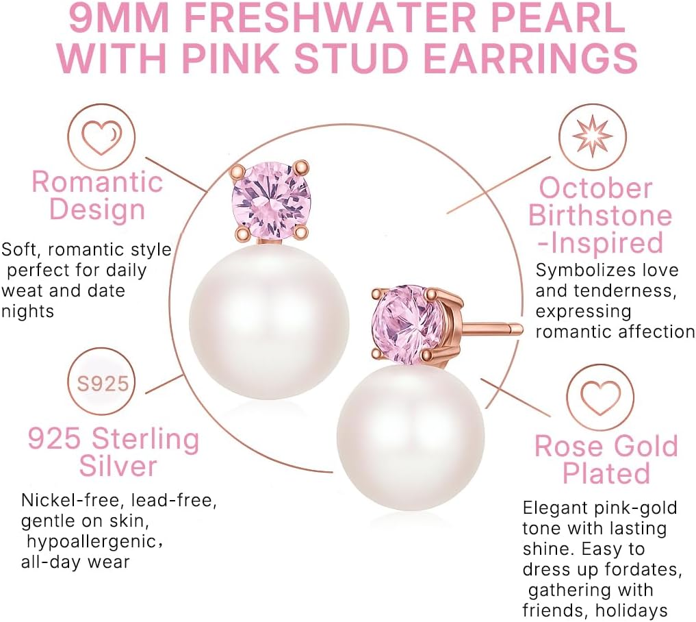 9mm Pearl 925 Sterling Silver Stud Earrings with Cubic Zirconia, White, Pink, or Red Freshwater Pearl Earrings for Women, Birthstone Studs for Bridesmaid or Wedding, Earrings for Women, Birthstone Jewelry for Her