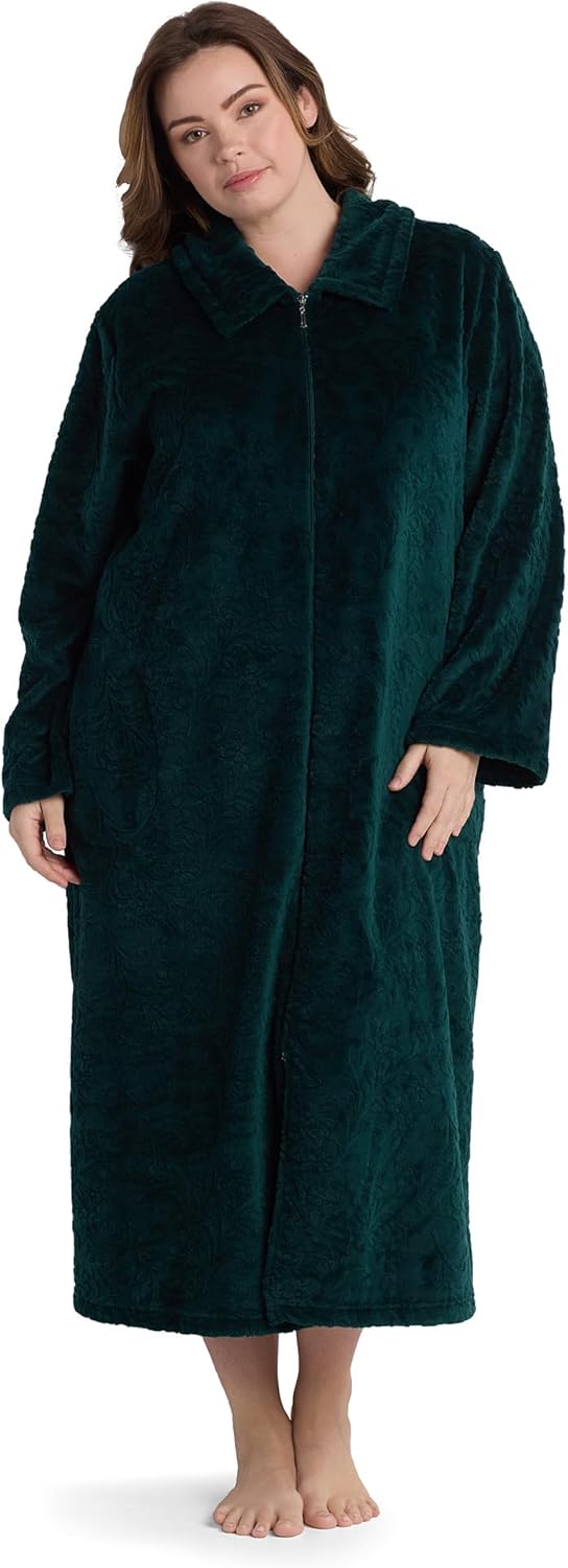 Miss Elaine Women's Long Fleece Robe, Long Sleeves and Zipper Front Closure, Collared Neck with Side Pockets - Image 3
