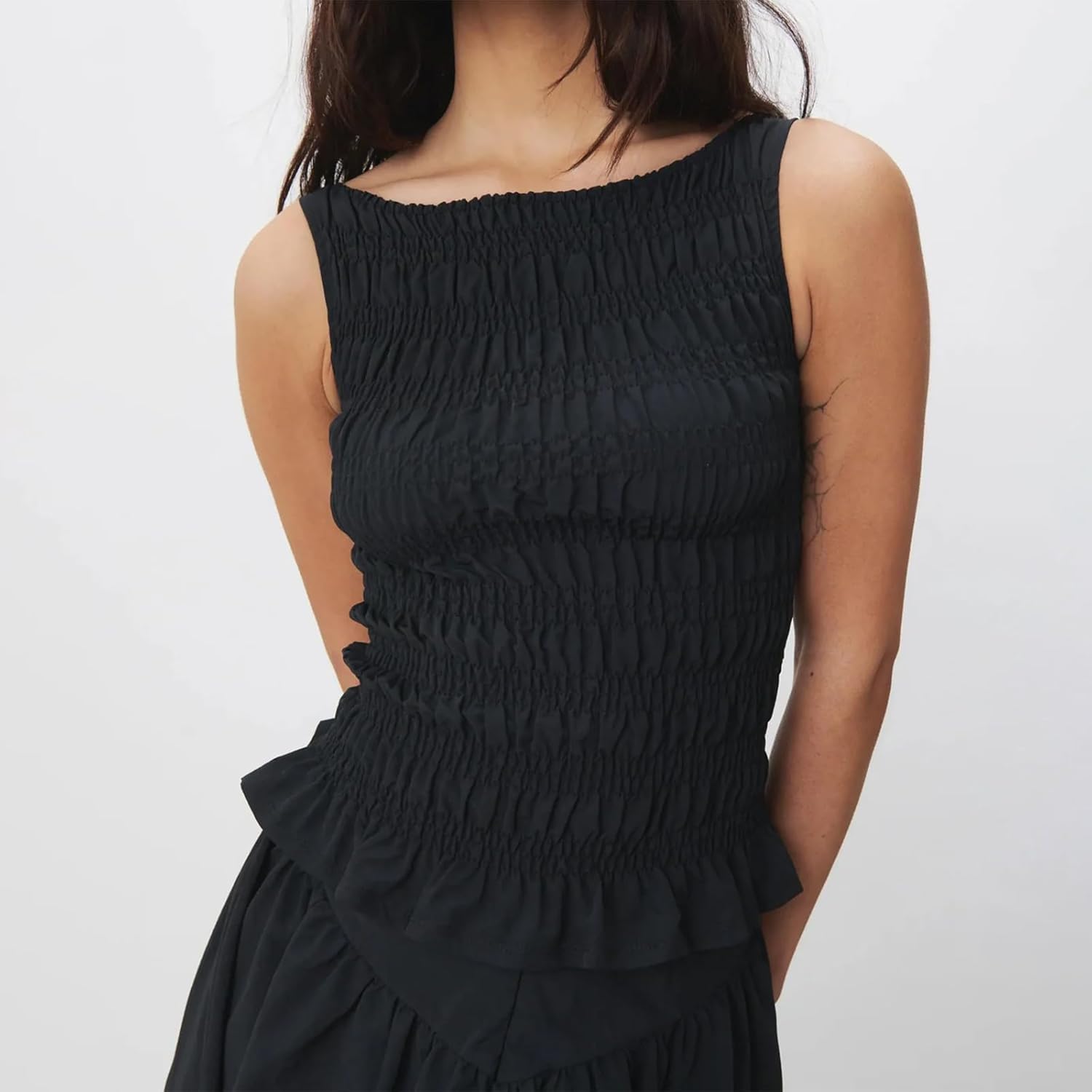 Women Smocked Tank Top Y2K Shirred Frill Sleeveless Crop Top Plaid Ruffle Hem Top Shirt Beach Vacation - Image 4