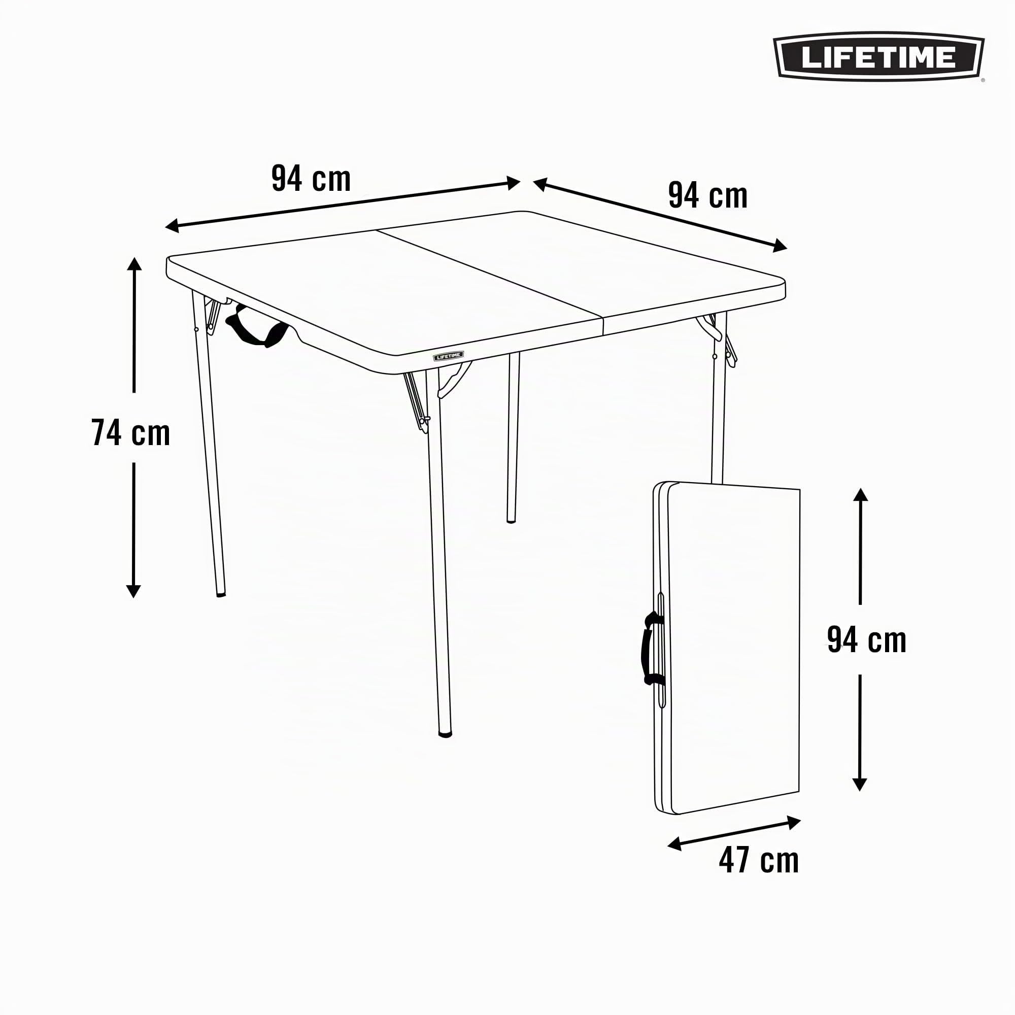 LIFETIME 92117 - Mesa plegable portátil cuadrada resistente, medidas 93.9 x 93.9 x 73.6 cm, duradera, resistente y ligera, incluye asa para transportar, para 4 personas, soporta hasta 181 kg