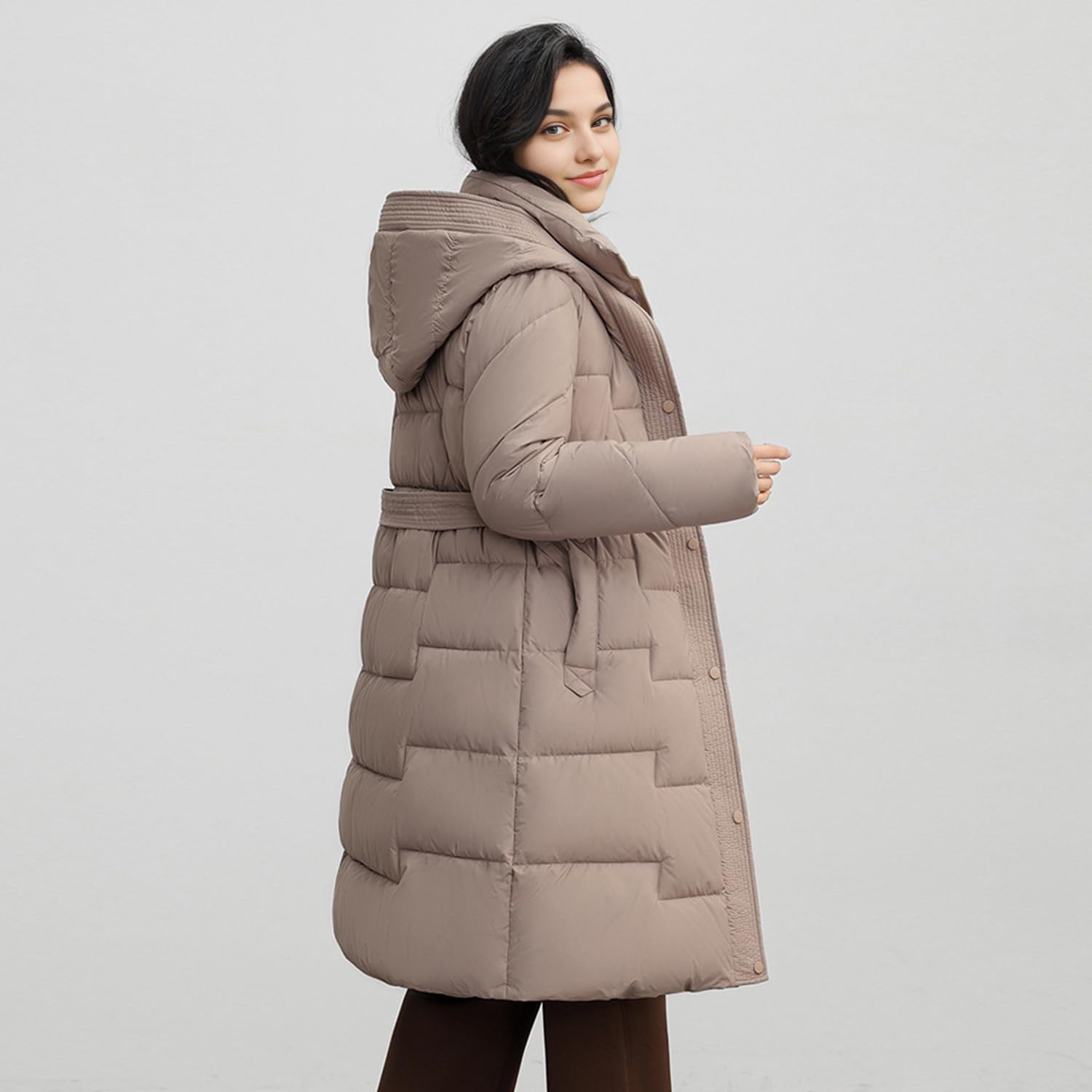 Verdickte lange Daunenjacke für Damen, mit Kapuze, Winter-Puffer, Oberbekleidung, Parka, Mantel, Stehkragen, knielang, Schneeanzug mit Gürtel