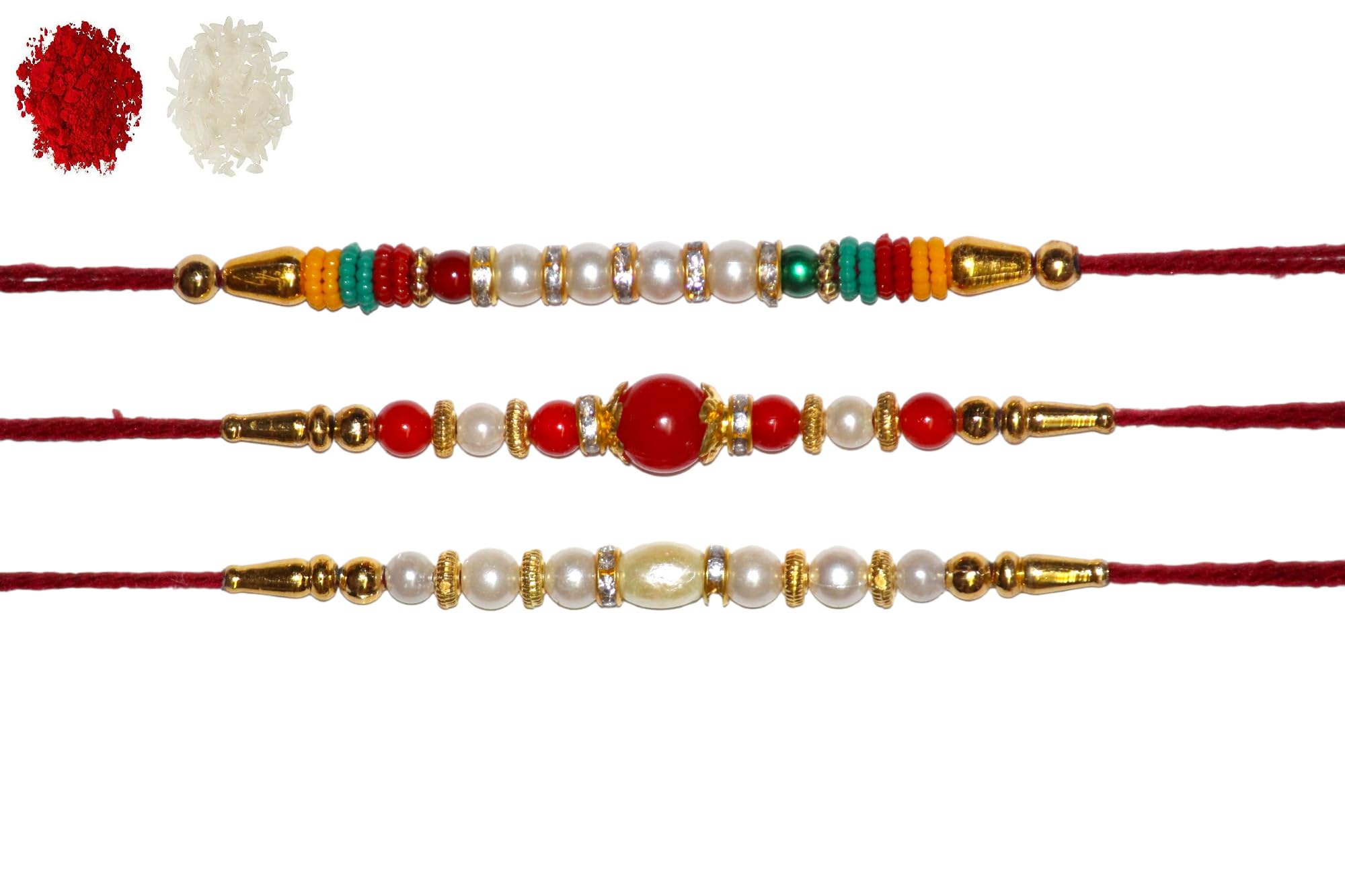 Nemi Enterprises MULTICOLOUR PEARL WITH DAIMOND RING SET OF 3 MULTICOLOUR RAKHI SET OF FAMILY RAKHI WITH ROLI CHAWAL(NE 190) (B0CDCPP5MB) Amazon Price History, Amazon Price Tracker