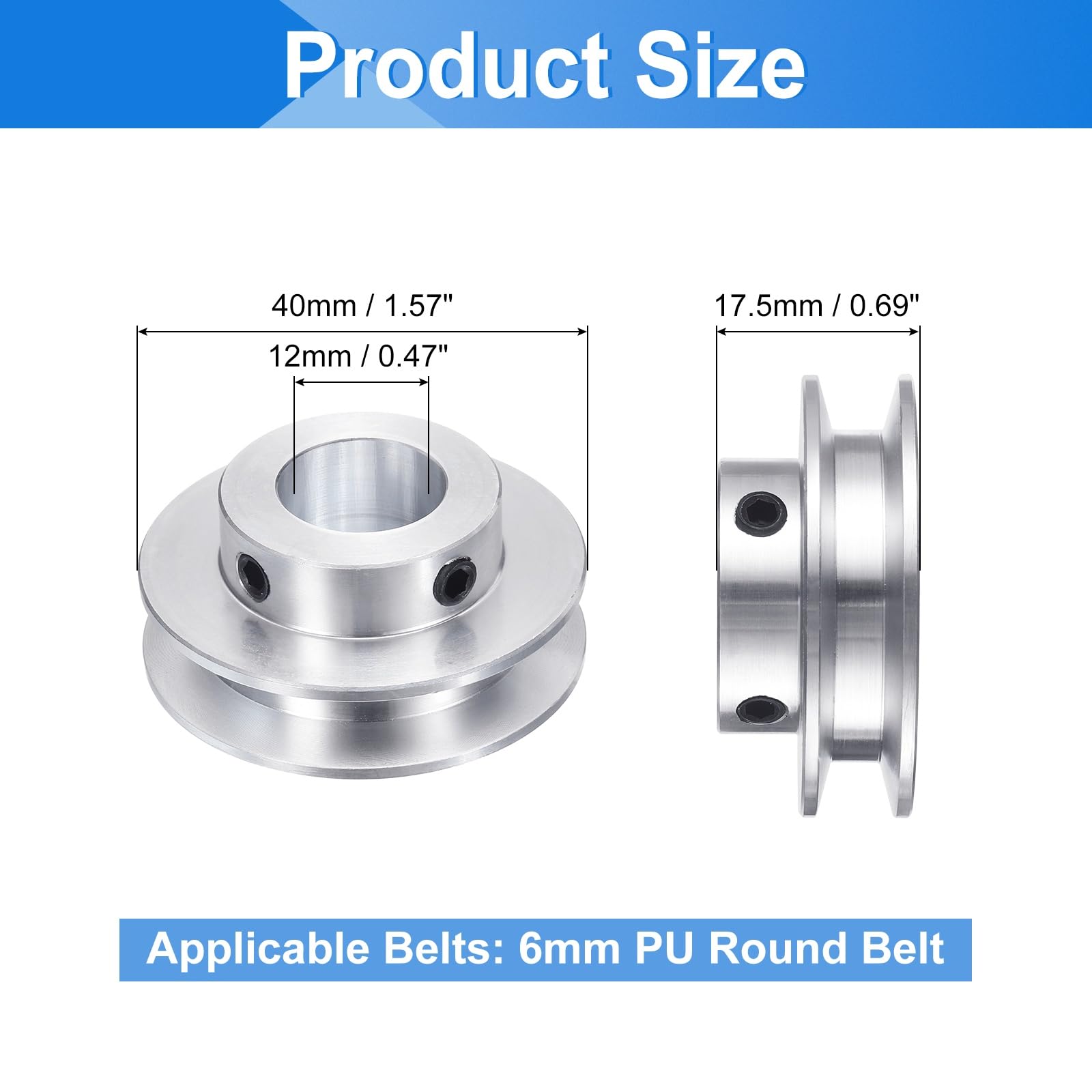 uxcell 2Pcs Single Groove Pulley, 15mm Fixed Bore 40mm Outer Diameter Aluminum Alloy Mechanical Belt Pulley with Hex Wrench for 6mm PU Round Belt — Amazon image 2