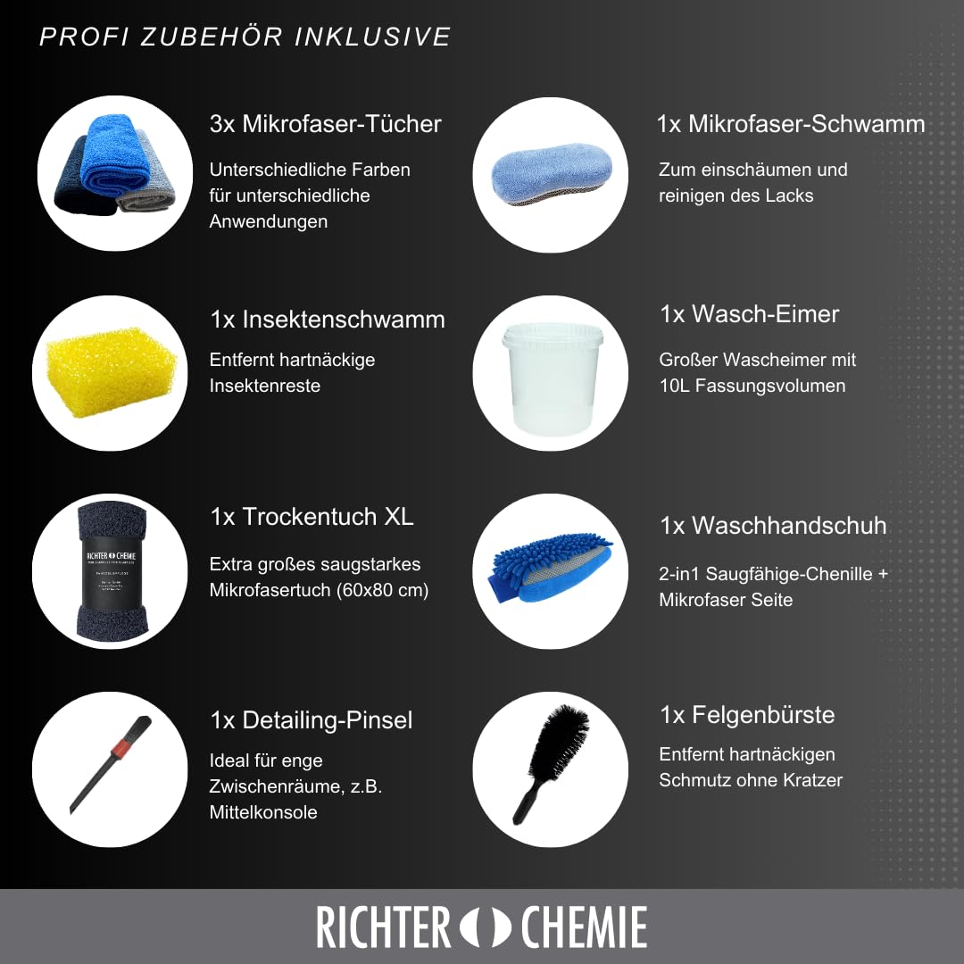 Richter Chemie Auto Wasch-Set Komplett für Außen- und Innenreinigung | Autoshampoo, Felgenreiniger, Glasreiniger, Cockpit-Aufbereiter und weiteres Zubehör, für PKW, SUV & Wohnmobil