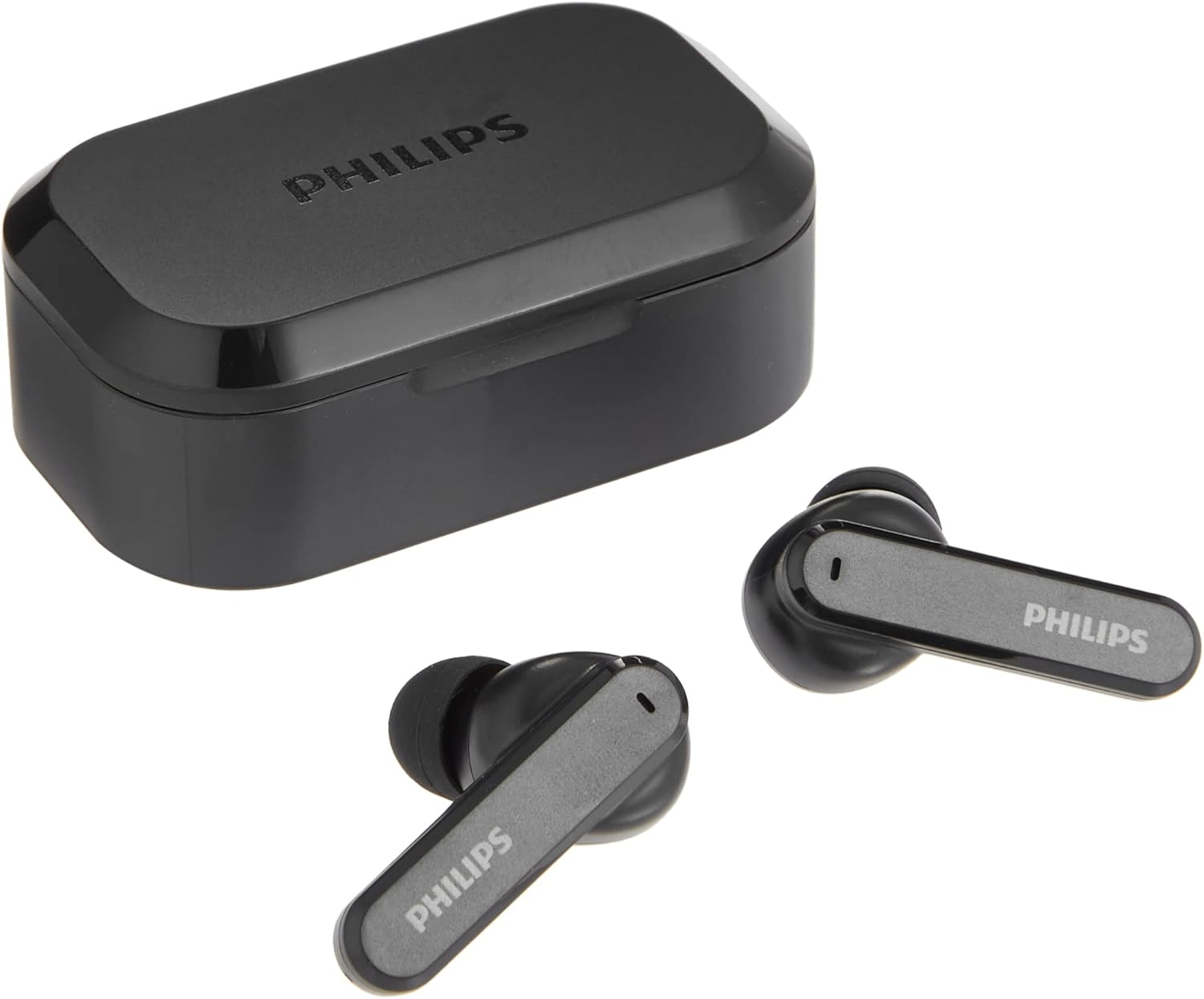 Philips T4506 True Wireless Headphones next to their closed USB-C charging case.