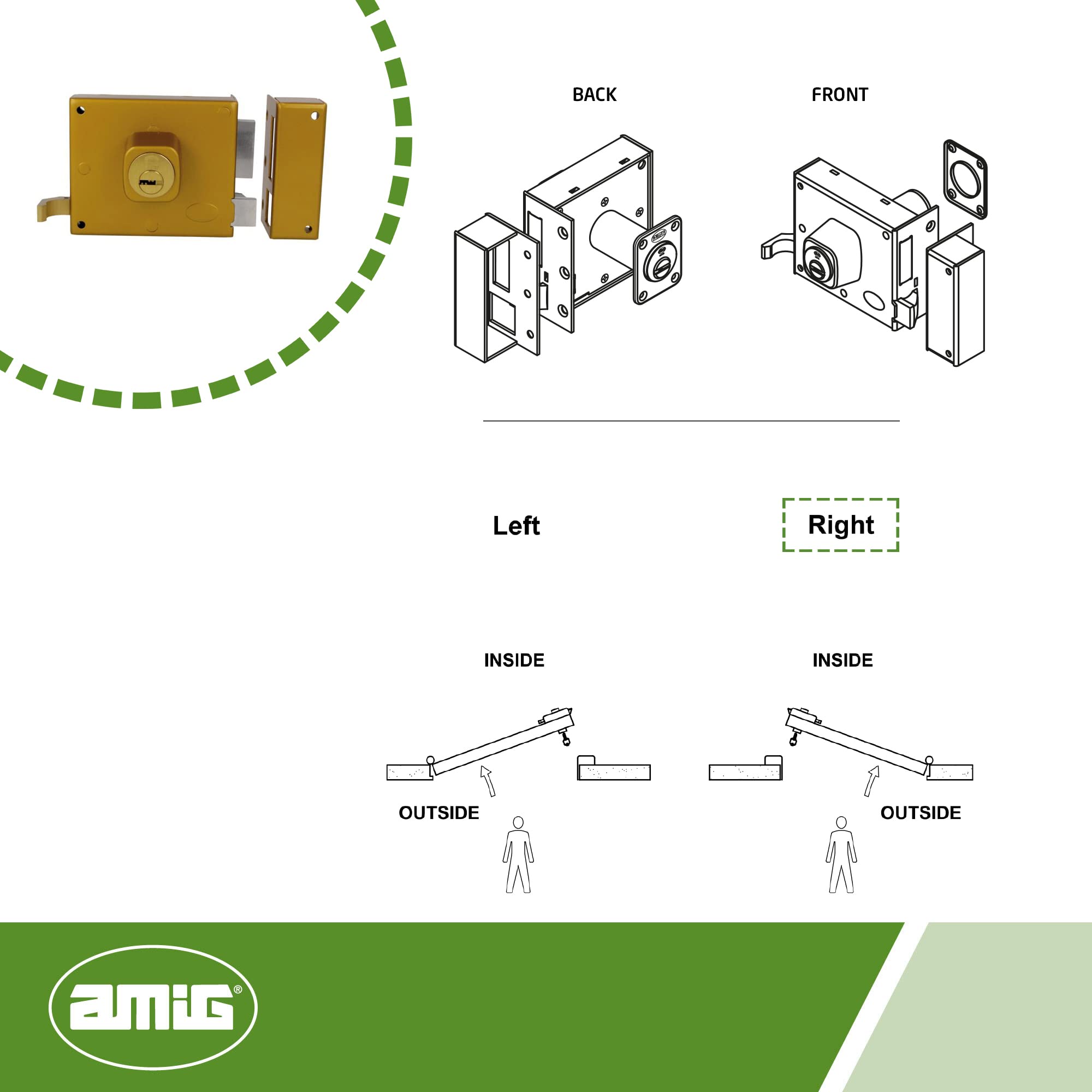 Amig - Cerradura de Sobreponer de Derecha con Palanca de Cierre, Lengüeta y Tirador para Puertas de Madera Mod. 72-100 x 85 mm - Pestillo Con Cilindro Redondo - Acero Esmaltado Oro