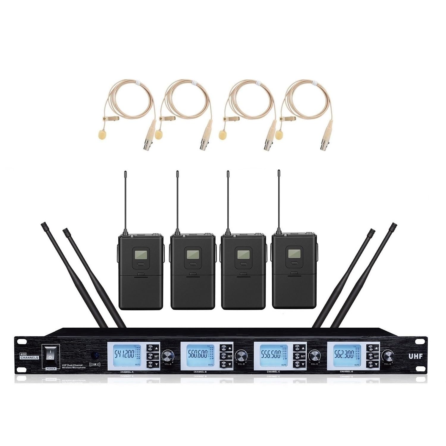 4-kanałowy bezprzewodowy system mikrofonu krawatowego UHF 4 klapy kołnierz do krawata mikrofony, niezawodny odbiór 4 anteny, regulowane częstotliwości, 1U montowany w szafie MSEU4200, beżowy